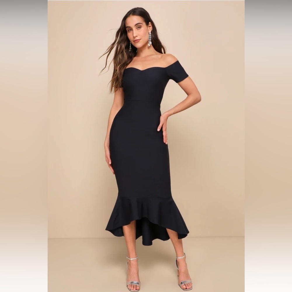 NWT LULUS How Much I Care Midnight Blue Off-the-Shoulder Midi Dress - Picture 1 of 8